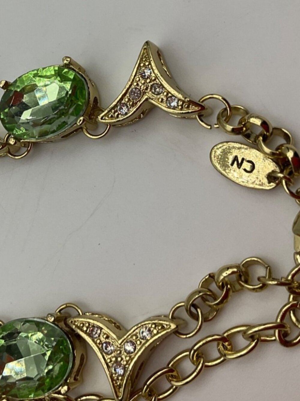 Vintage 60's Arnold Scaasi Cn Signed Gold-Tone Necklace Green Clear Crystals Adj - Picture 10 of 11